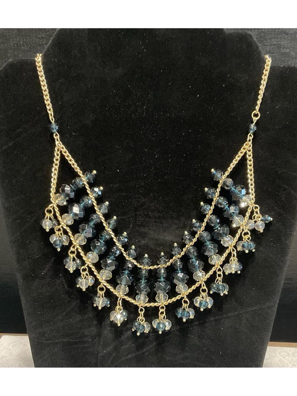 NWT LISA E  Gold Tone Chain Blue/clear bead Necklace # 1078
